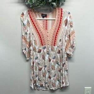 Gigio Boho Nordic Floral Mixed Print V-Neck 1/2 Sleeve Tunic Top S